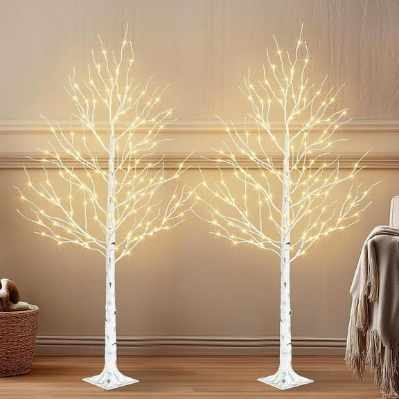 Birch Tree with LED Lights, 2 Pack 6ft Lighted White Christmas Trees Outdoor with Timer & Light Dimmer Prelit Artificial Twig Tree Set for Decorations Indoor Winter Home Garden Bedroom Decor