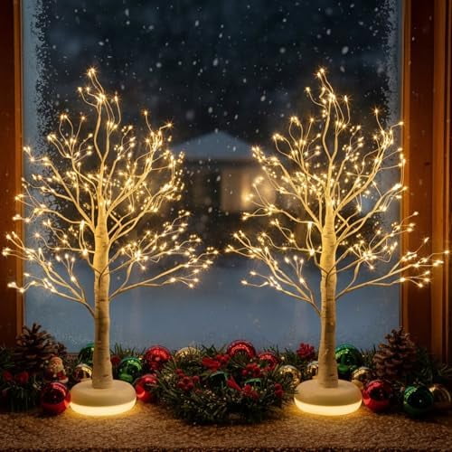 Birch Tree with LED Lights, Christmas Decorations Indoor Fairy Light Spirit Tree Lamp with Timer&Dimmer, Lighted Artificial Trees USB Powered for Easter Centerpiece Table Home Bedroom 2Pack