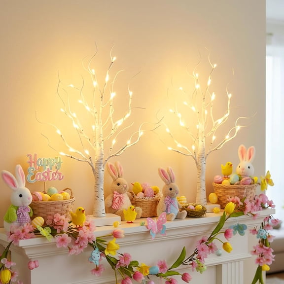 Birch Tree with Led Lights, White Christmas Tree, Lighted Mini Small Artificial Tree Lamp Prelit Twig Trees Timer Battery Operated for Table Centerpiece Easter Home Decorations Indoor 2Pack