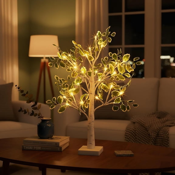 Birch Tree Lights 2ft, LED Fairy Light Tree with Green Leaves, USB/Battery Powered Tabletop Decor for Christmas, Home, Office, Spring,Wedding
