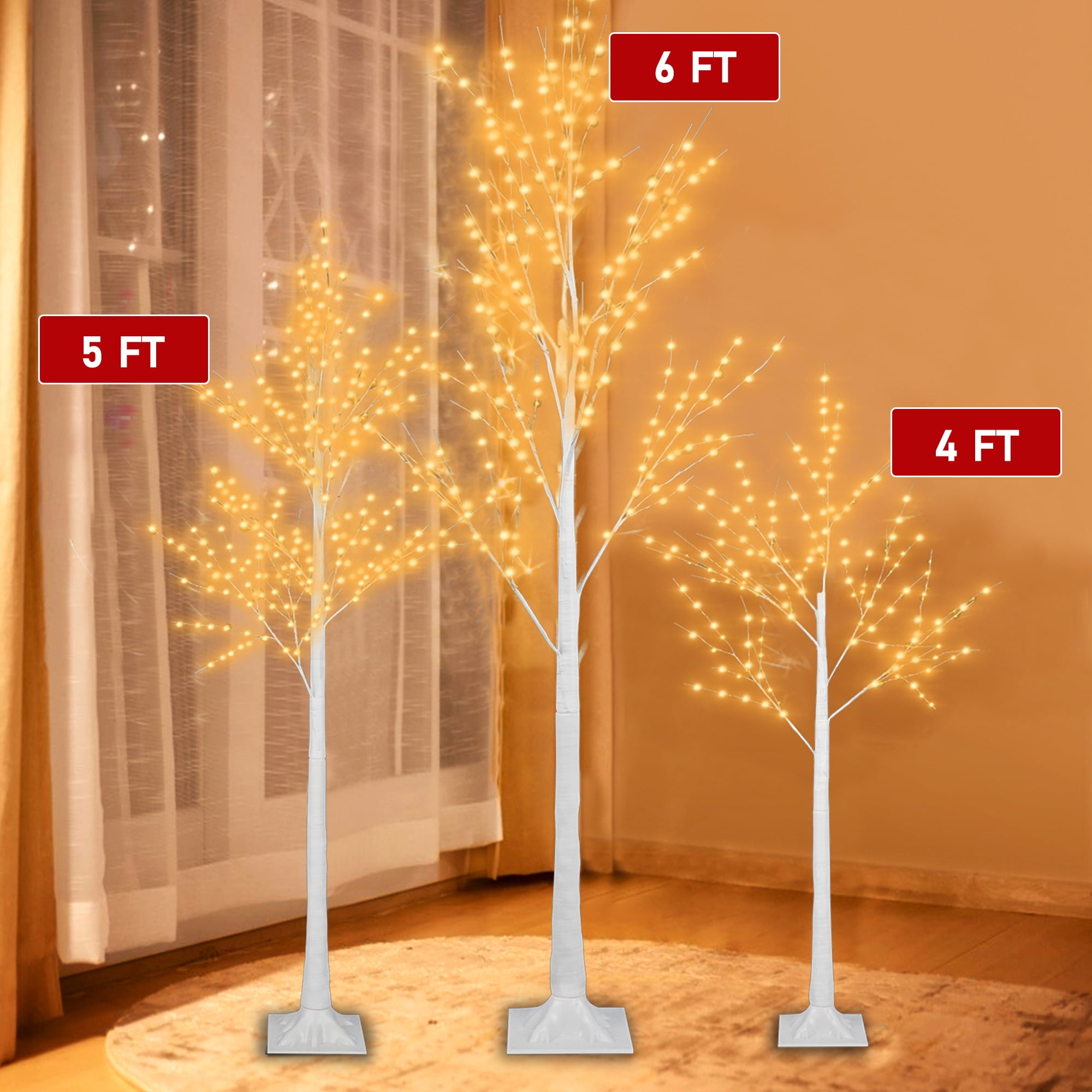 Birch Tree with Lights, 3 Pieces Warm White Christmas Artificial Birch