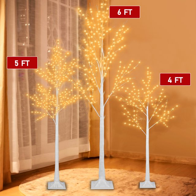 Birch Tree with Lights, 3 Pieces Warm White Christmas Artificial Birch