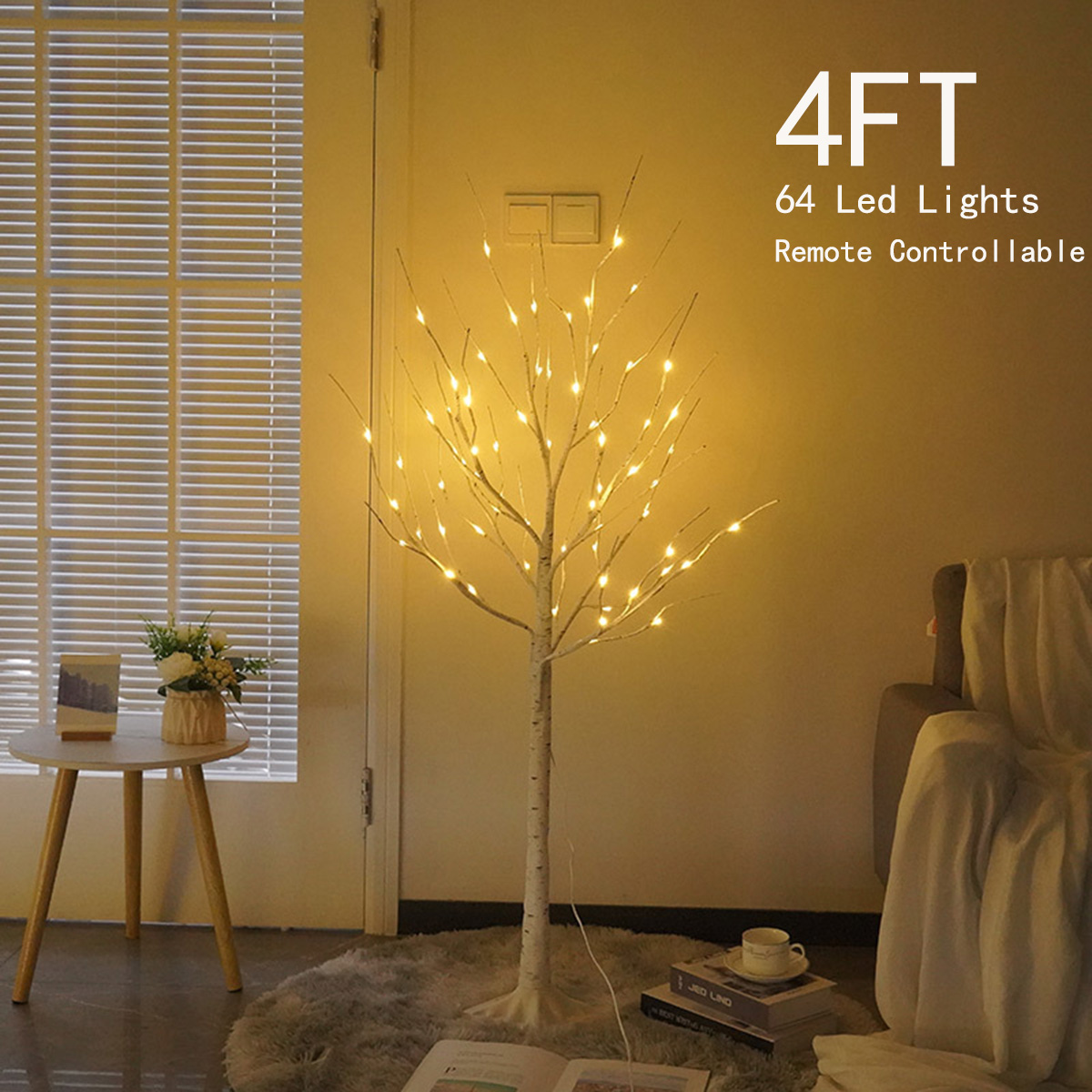 Birch Tree with Lights, 4FT White Christmas Tree with 64 LED Lamp