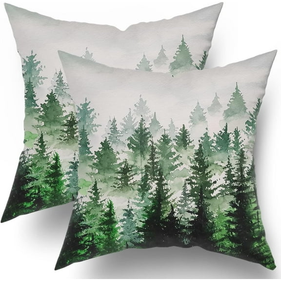 Birch Tree Pillow Covers Decorative Dark Green Mountain Pillow Covers 2 PCS Nature Forest Throw Pillow Covers 18x18 Inches Cotton Pillow Protectors with Hidden Zipper for Home Bedroom Decor