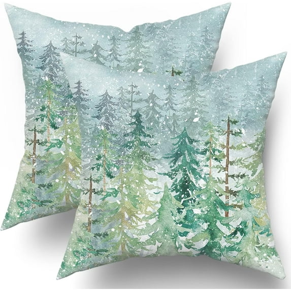 Birch Tree Pillow Covers Decorative Watercolor Mountain Pillow Covers 2 PCS Green Nature Forest Throw Pillow Covers 18x18 Inches Cotton Pillow Protectors with Hidden Zipper for Home Bedroom Decor