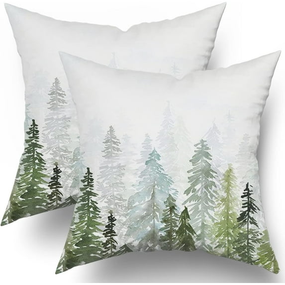 Birch Tree Pillow Covers Decorative Watercolor Mountain Pillow Covers 2 PCS Nature Foggy Forest Throw Pillow Covers 18x18 Inches Cotton Pillow Protectors with Hidden Zipper for Home Bedroom Decor