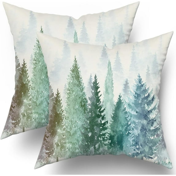 Birch Tree Pillow Covers Decorative Watercolor Mountain Pillow Covers 2 PCS Nature Forest Green Throw Pillow Covers 18x18 Inches Cotton Pillow Protectors with Hidden Zipper for Home Bedroom Decor