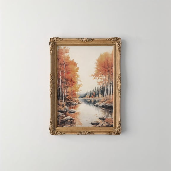 Birch Tree River Wall Art Autumn Landscape Print Fall Forest Cozy Nature Home Decor