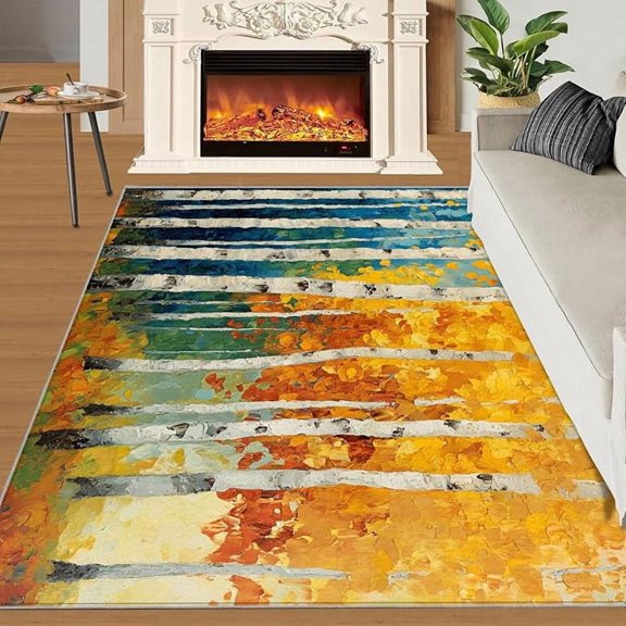 Birch Tree Rug & Home Decor, Living Room Rug , Autumn Landscape Washable Rugs for Bedroom, Yellow Maple Leaf Area Rugs 3x5ft
