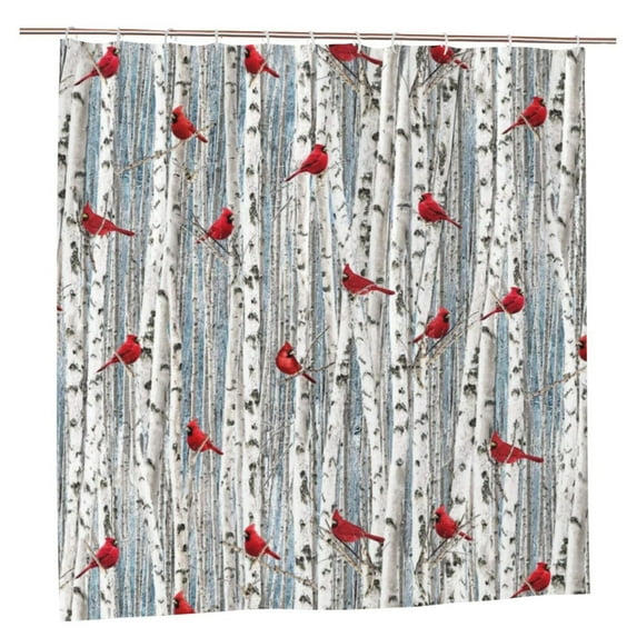 Birch Tree Shower Curtain Bird Cardinals Trees Fall Forest Trunk Leafless Grey Misty Fog Autumn Winter Rustic Cabin Outdoor Nature Farmhouse Country Lodge Cottage Decor Fabric Bath Curtain with Hooks