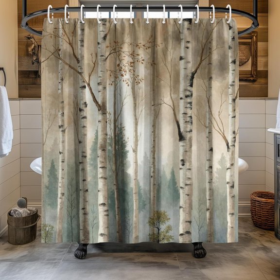Birch Tree Shower Curtain with Hooks, Watercolor White Aspen Forest Bathroom Decor, Nature Scenery Landscape Waterproof Polyester Fabric, Rustic Gift for Nature Lovers-72"W x 72"L (Pack of 1)