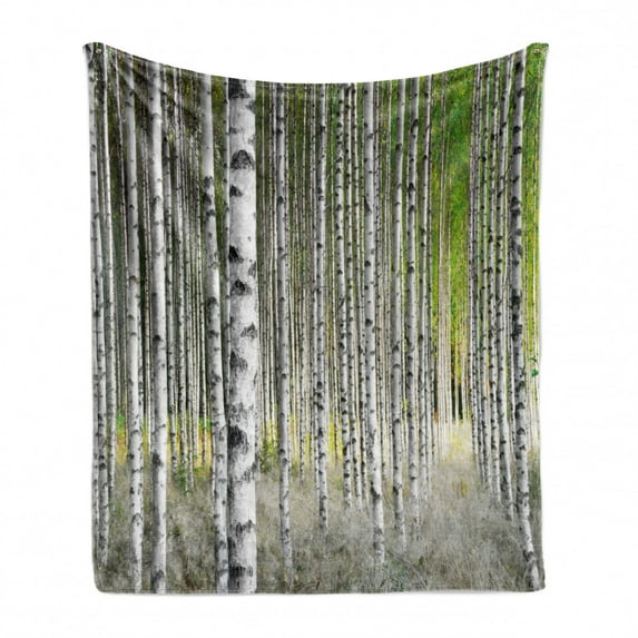Birch Tree Soft Flannel Fleece Blanket, Peaceful Late Summer Woodland Trunks Leaves Foliage Serene Tranquil, Cozy Plush for Indoor and Outdoor Use, 50" x 70", Green Pale Grey Black, by Ambesonne