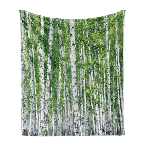 Birch Tree Soft Flannel Fleece Throw Blanket, Fresh Green Leaves Summer Forest Rural Landscape Environmental Image, Cozy Plush for Indoor and Outdoor Use, 50" x 60", Green White Black, by Ambesonne