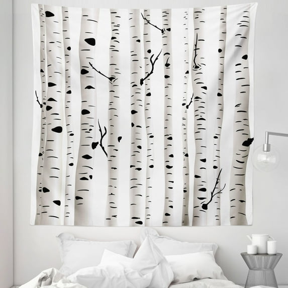 Birch Tree Tapestry, Forest Seasonal Nature Woodland Leafless Branches Grove Botany Illustration, Fabric Wall Hanging Decor for Bedroom Living Room Dorm, 5 Sizes, Black and White, by Ambesonne
