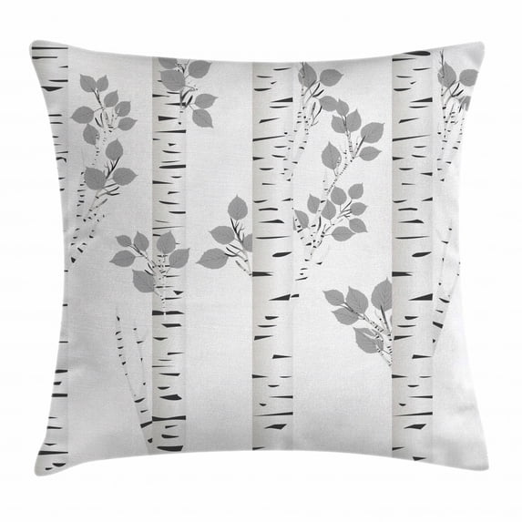 Birch Tree Throw Pillow Cushion Cover, Artistic White Branches with Leaves Autumn Nature Forest Inspired, Decorative Square Accent Pillow Case, 16 X 16 Inches, Light Grey Black White, by Ambesonne