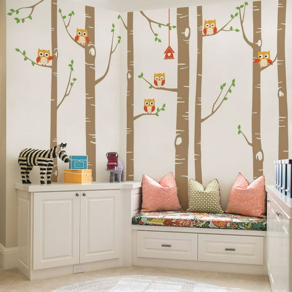 Birch Tree Wall Decal with Owls W1112 - Scheme C