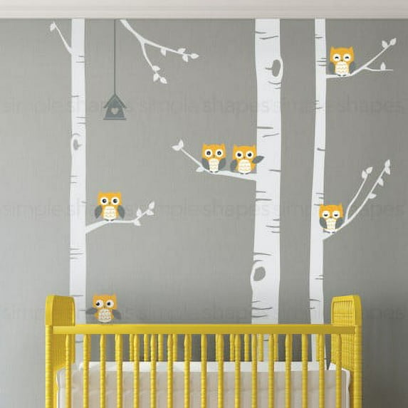 Birch Tree Wall Decal with Owls W1118 - Scheme A
