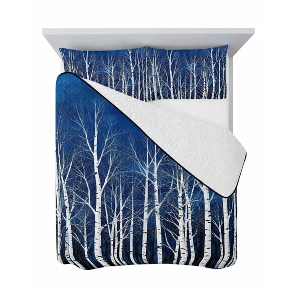 Birch Trees 3 Piece Quilt Set Full Size, Navy Blue Night Sky White Full Moon Rustic Moonlight Soft Bedspread Coverlet Bedding Set Microfiber Lightweight Comforter Set with 2 Pillowcases for Bedroom