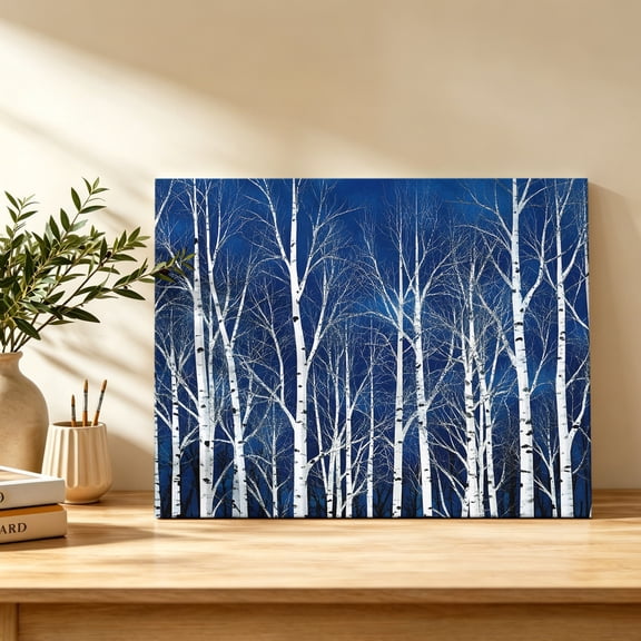 Birch Trees Canvas Wall Art, Navy Blue Night Sky White Full Moon Rustic Moonlight Wall Art Prints Artwork Framed Canvas Ready to Hang Art Pictures for Study Living Dining Room Bedroom 20" x 16"