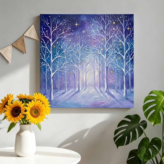 Birch Trees Canvas Wall Art, Winter Snowy Forest Purple Starry Night Sky Misty Path Pictures Wall Decor Wooden Framed Artwork Art Prints for Living Room Hallway Bedroom Office 8"x8"