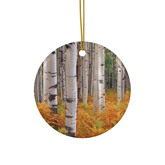 Birch Trees Fall Leaves Thanksgiving Christmas 2D FLAT CIRCLE Ceramic Ornament