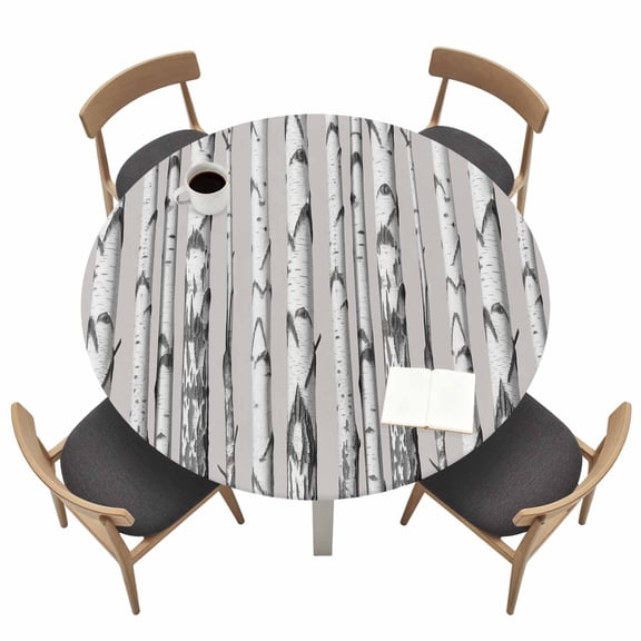 Birch Trees Fitted Tablecloth with Elastic Edged, Round Table Cloth for Dining Table, Forest Vintage Abstract Wooden Gray Waterproof Oil Proof Table Cover for Indoor Outdoor 36"-44"
