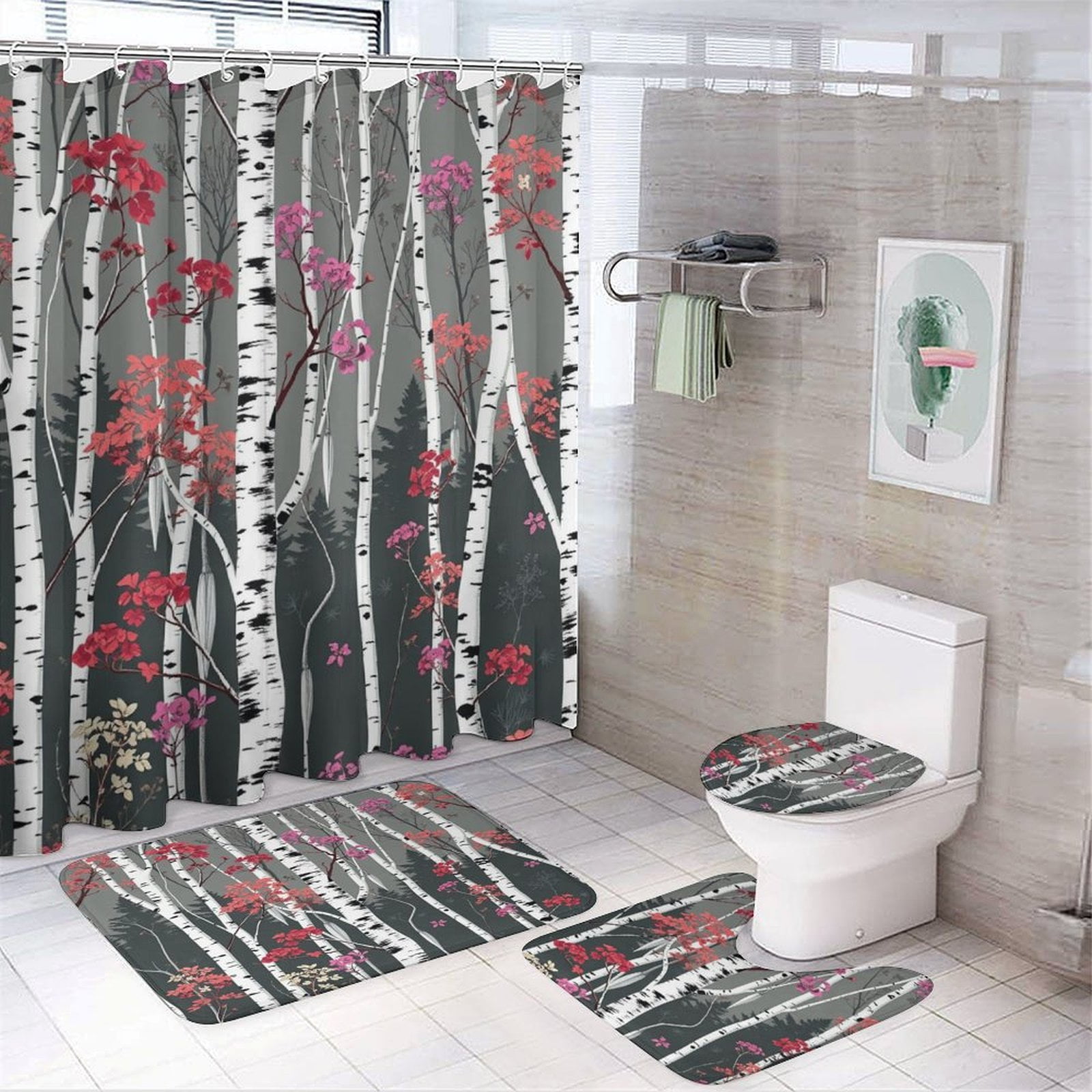 Birch Trees Floral Pattern Shower Curtain And Rugs Mat Set For Bathroom ...