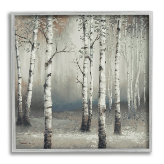 Birch Trees Misty Haze Grey Forest Scene Botanical & Floral Framed Art Print Wall Art, 17x17