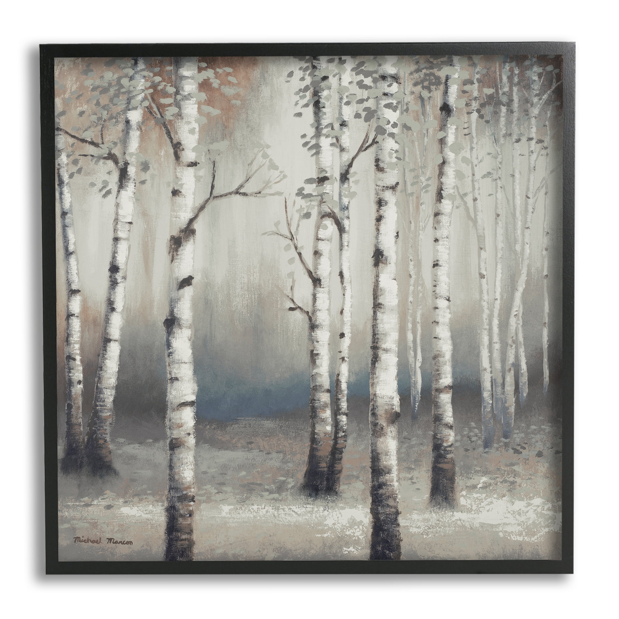 Birch Trees Misty Haze Grey Forest Scene Botanical & Floral Framed Art Print Wall Art, 17x17