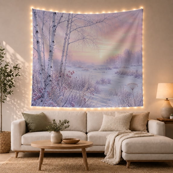 Birch Trees in Misty Snowy Sunrise, Peaceful Watercolor for Nature Lovers, Winter Landscape Art, Christmas Gift Tapestry Wall Hanging for Bedroom and Living Room