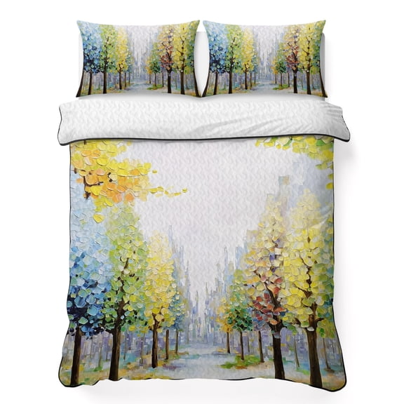 Birch Trees Path 3 Piece Quilt Bedding Set with 2 Pillow Shams, Leaves Autumn Forest Landscape Lightweight Bedspread Coverlet, Soft Breathable All Season Quilt, 96 x 106 Inch