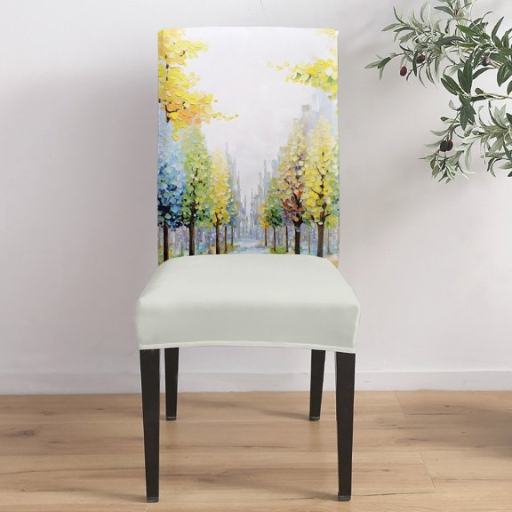 Birch Trees Path Dining Chair Covers Set of 1, Leaves Autumn Forest Landscape Chair Covers for Dining Room Removable Seat Protectors Slipcovers for Home Party Wedding Banquet