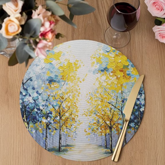 Birch Trees Path Round Braided Placemats Set of 1, Nature Leaves Forest Landscape Heat Insulation Place Mats Washable Non-Slip Table Mats for Kitchen Dining Party, 13 Inches