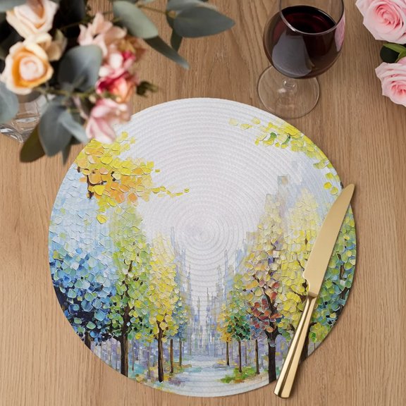 Birch Trees Path Round Braided Placemats Set of 2, Leaves Autumn Forest Landscape Heat Insulation Place Mats Washable Non-Slip Table Mats for Kitchen Dining Party, 13 Inches