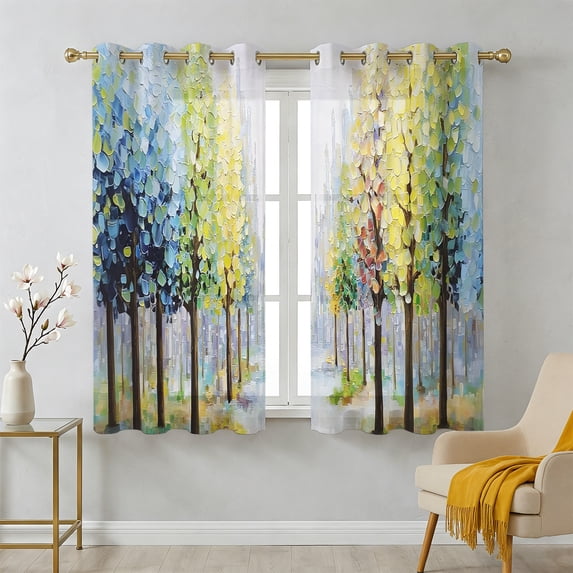 Birch Trees Path Sheer Curtains 54 Inch Long 2 Panels, Leaves Autumn ...