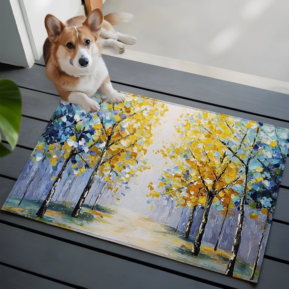 Birch Trees Path Washable Entry Rug 2x3 Nature Leaves Forest Landscape Low Pile Indoor Door Mat with Rubber Backing Thin Area Rug for for Entrance, Bedroom, Kitchen, Laundry, Bathroom