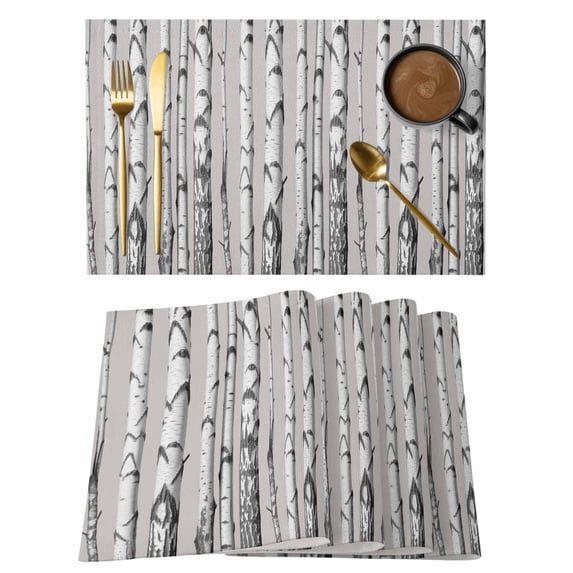Birch Trees Placemats Set of 8, Forest Vintage Abstract Wooden Gray Placemats for Dining Table, Place Mats for Kitchen Tabletop, Waterproof Wipeable Dining Table Mats Set