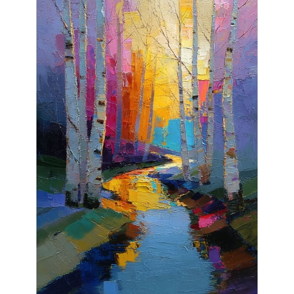Birch Trees Reflecting Stream Textured Oil Canvas Print, Wall Art for Living Room Bedroom Office Dining Room Hallway Entryway