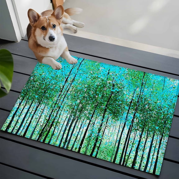 Birch Trees Washable Entry Rug 2x3 Spring Summer Art Forest Green Leaf Rustic Birch Grove Low Pile Indoor Door Mat with Rubber Backing Thin Area Rug for for Entrance, Bedroom, Kitchen, Bathroom