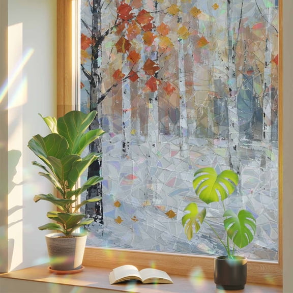 Birch Trees Window Privacy Film, Fall Orange Leaf Forest Oil Painting Texture Vintage Static Cling Stained Glass Window Sticker Decorative Removable Rainbow Film for Glass 17.7”x39.3”