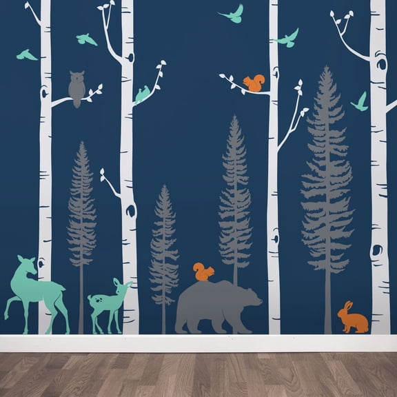 Birch Trees with Animals Wall Decal - Scheme B - 108" Tall Trees