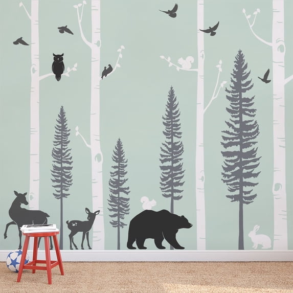 Birch Trees with Animals Wall Decal - Scheme C - 96" Tall Trees