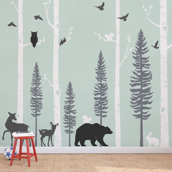 Birch Trees with Animals Wall Decal - Scheme C - 96" Tall Trees