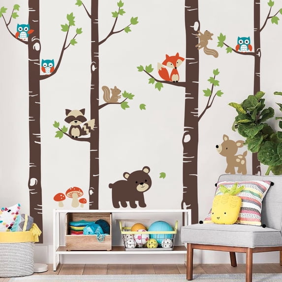 Birch Trees with Cute Forest Animals Wall Decal - Scheme A - 108" Tall Trees