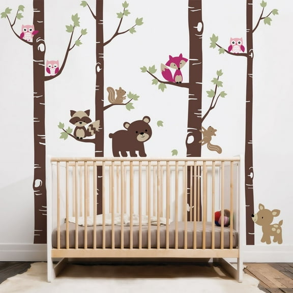 Birch Trees with Cute Forest Animals Wall Decal - Scheme C- 96" Tall Trees