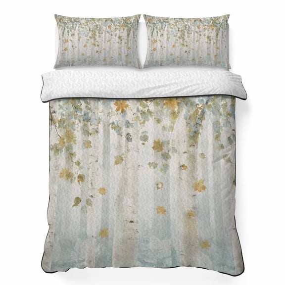 Birch Trunk 3 Piece Quilt Bedding Set with 2 Pillow Shams, Fall Green Leaf Forest Branch Rustic Farmhouse Lightweight Bedspread Coverlet, Soft Breathable All Season Quilt, 96 x 106 Inch