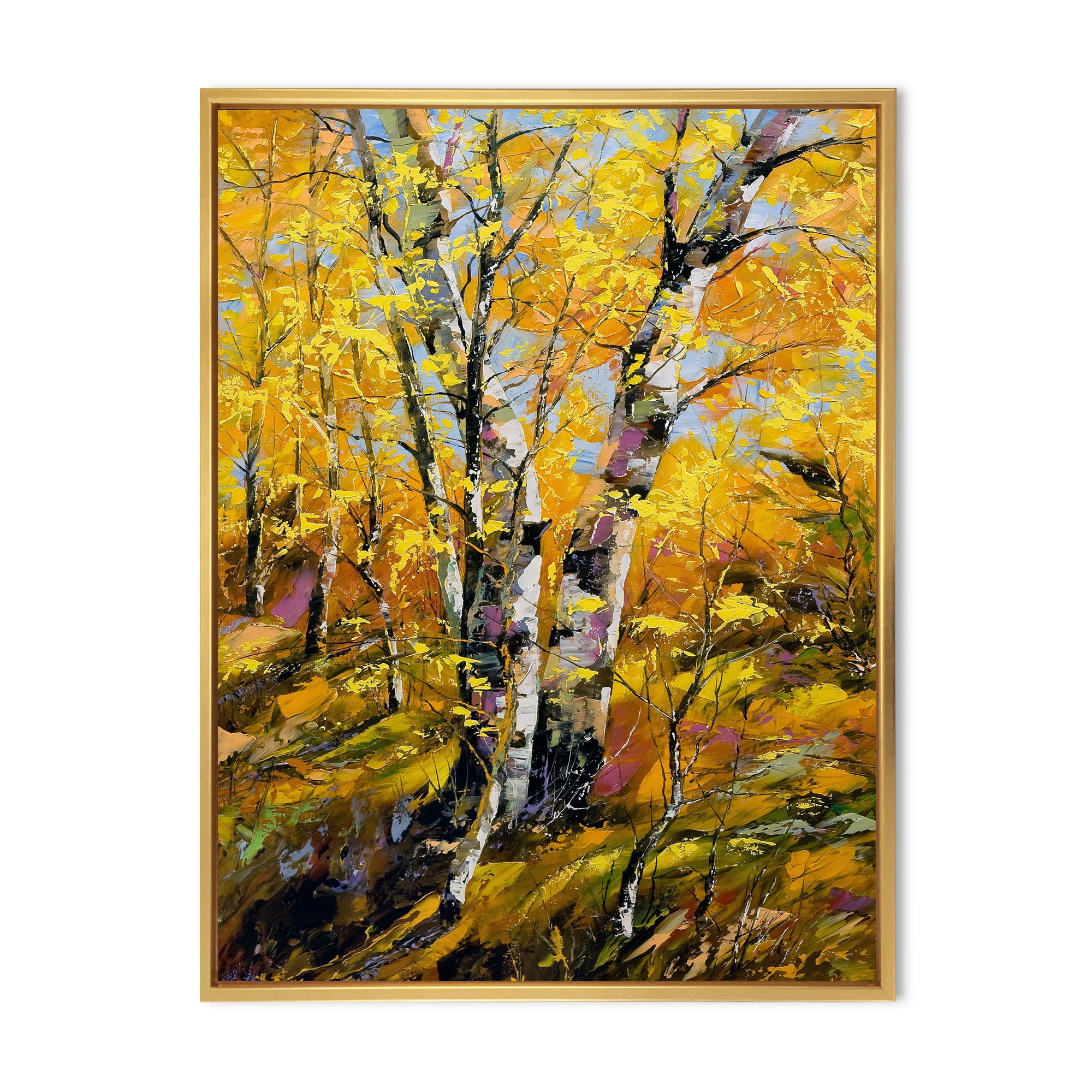 Birches In Yellow Autumn Wood Forest 16 in x 32 in Framed Painting Canvas Art Print, by Designart