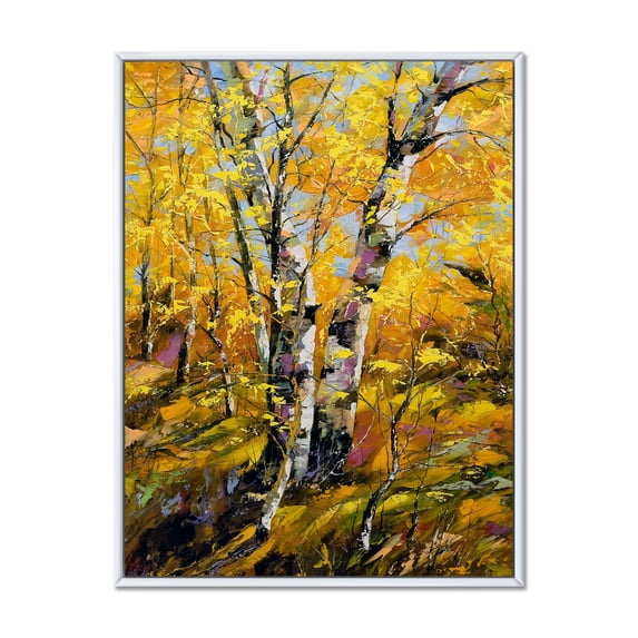 Birches In Yellow Autumn Wood Forest 16 in x 32 in Framed Painting Canvas Art Print, by Designart