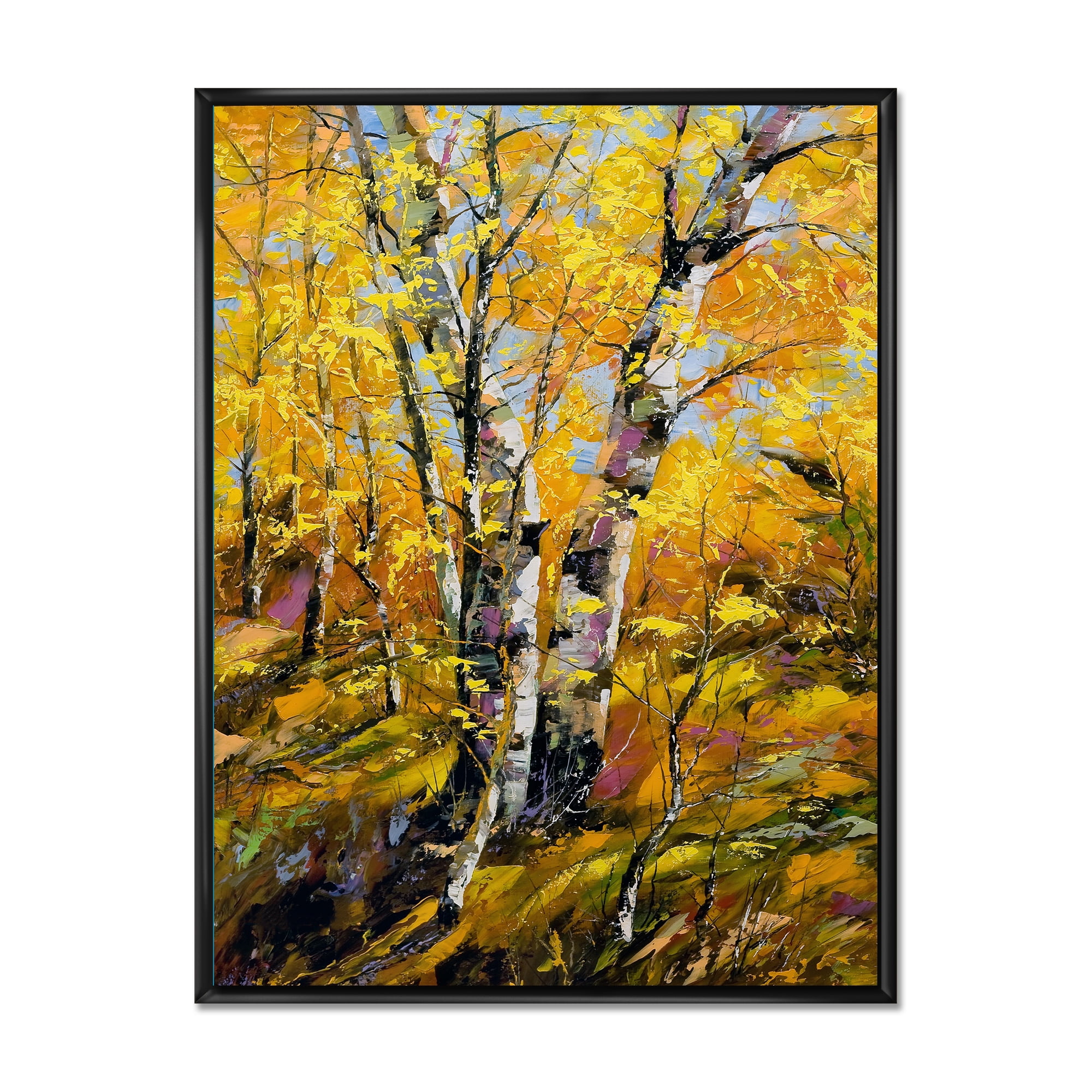 Birches In Yellow Autumn Wood Forest 16 in x 32 in Framed Painting Canvas Art Print, by Designart