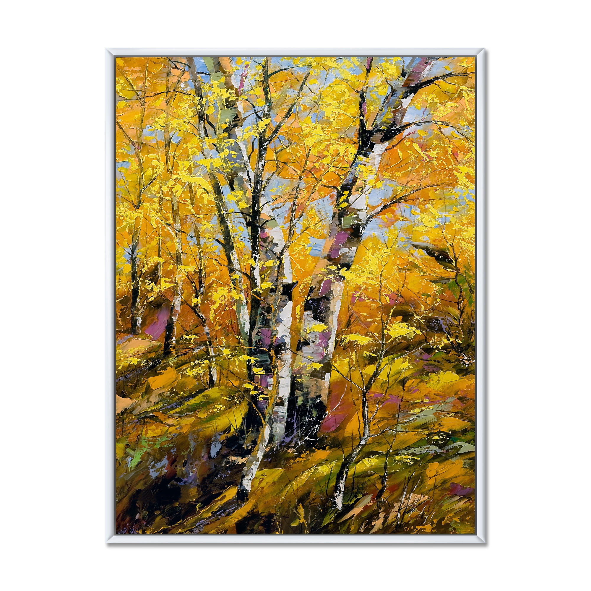 Birches In Yellow Autumn Wood Forest 24 in x 32 in Framed Painting Canvas Art Print, by Designart